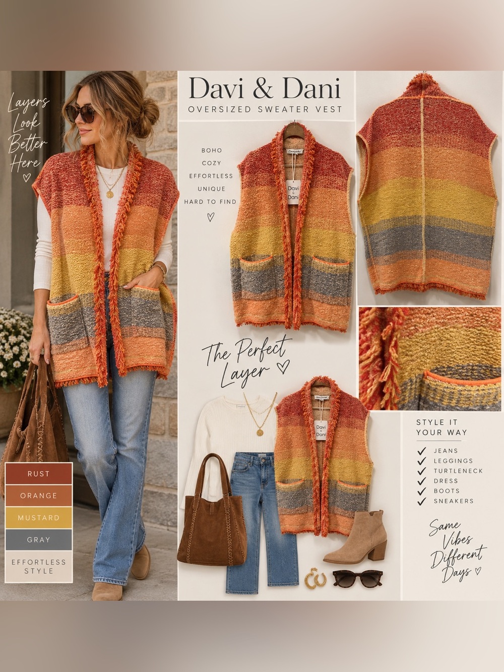 Davi & Dani NWT Oversized Striped Fringe Sweater Vest Boho One Size